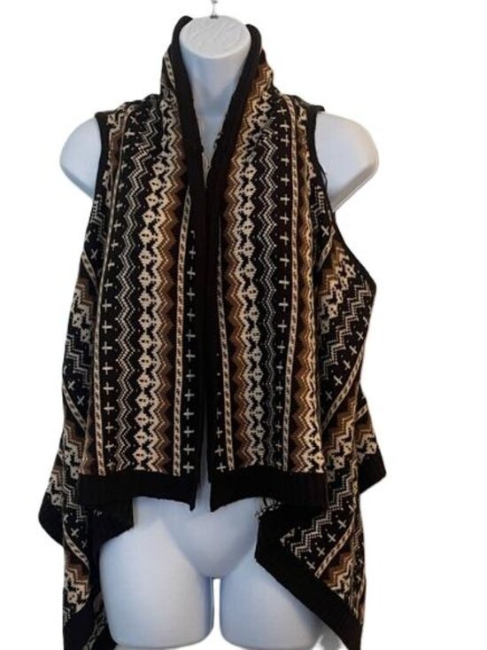 Urban Behavior Rebel Black and Tan Patterned Asymmetrical Boho Vest, Small - Picture 1 of 7